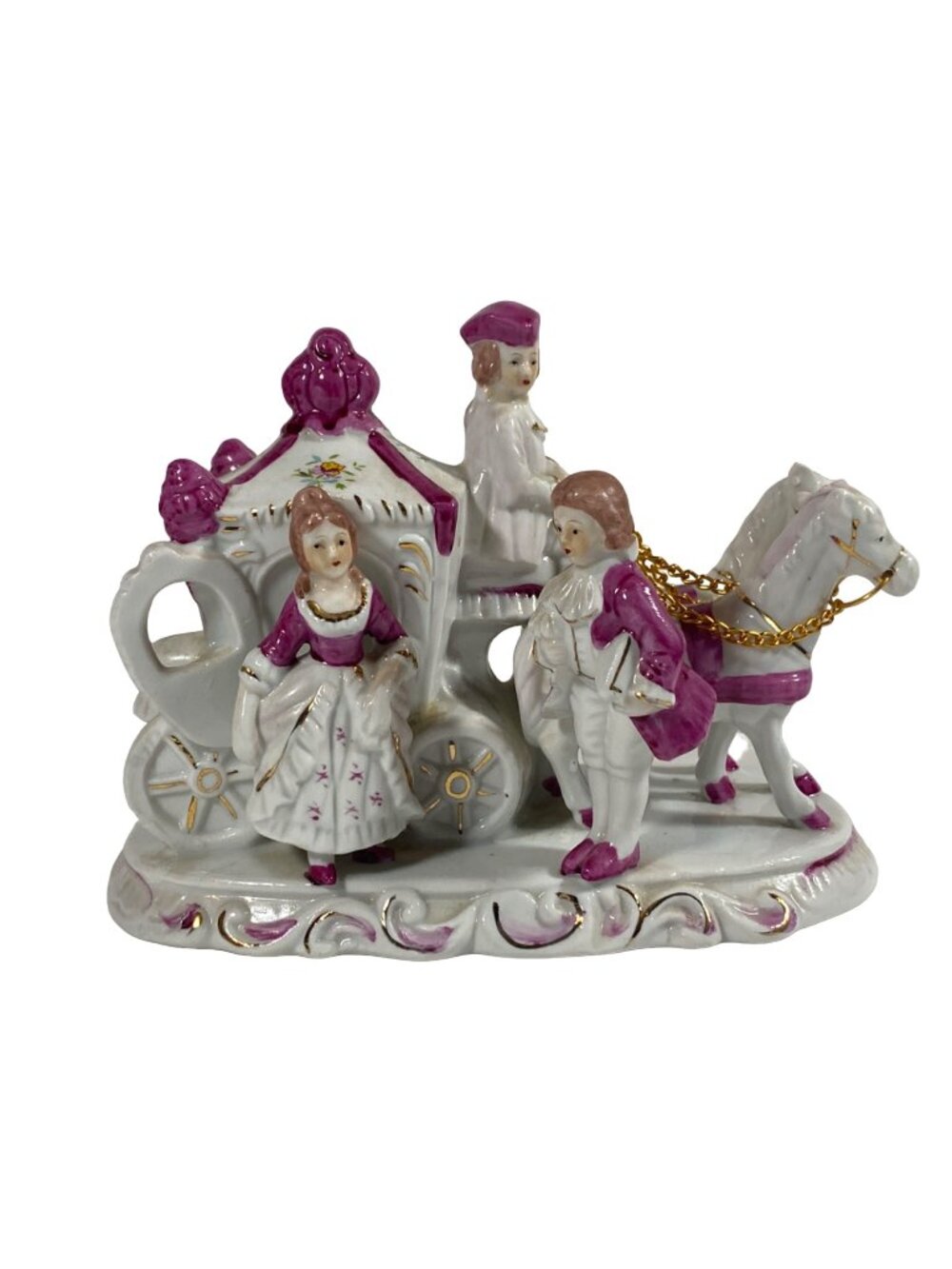 Porcelain Horse Carriage FEI INC 1985 Victorian Couple Figurine Pink White